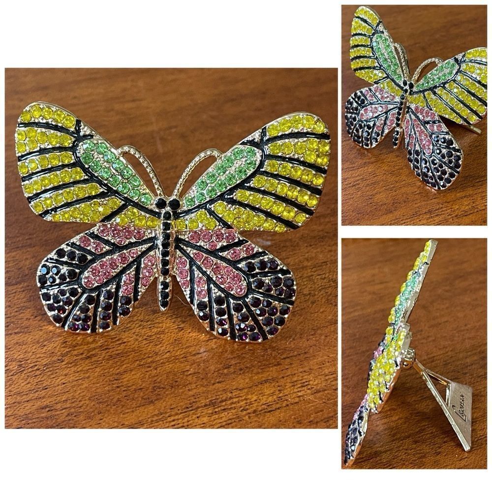 Vintage Roman Colorful Butterfly Stands with Crystals Black Yellow Green Pink